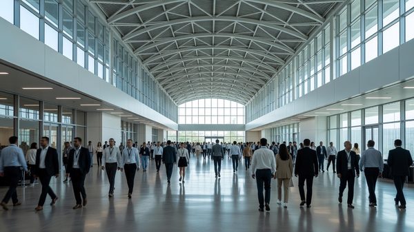Conference attendees moving through a large event venue concourse between session stages