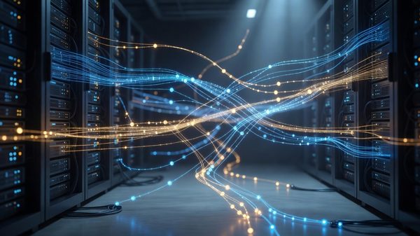 Abstract visualization of a programmatic ad supply chain as glowing data pathways through a dark data-center corridor