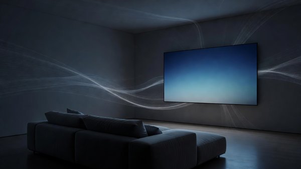 Dim living room with a sofa facing a wall-mounted television, faint lines of light flowing through the room like data