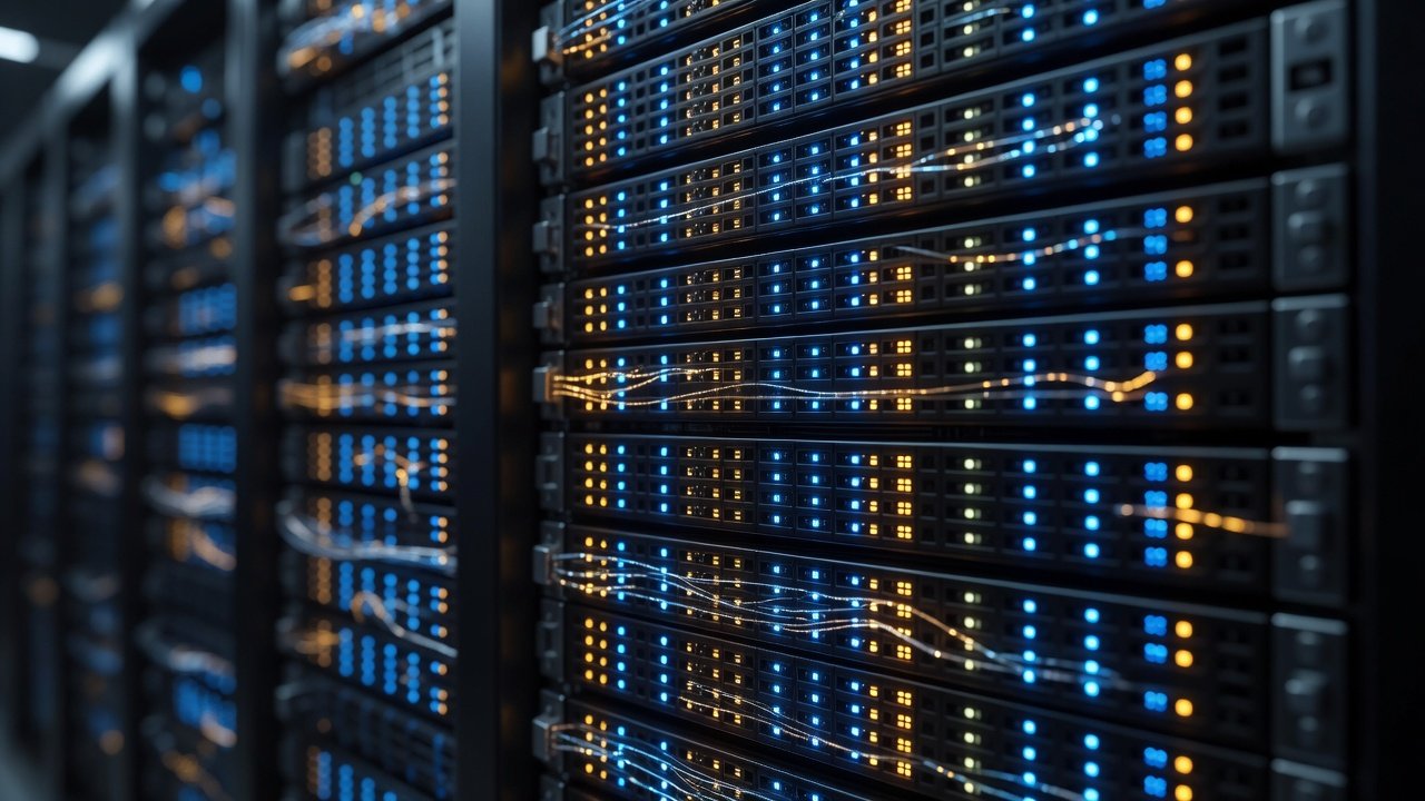 Close-up of illuminated server hardware with streams of blue and amber light suggesting filtered data flow