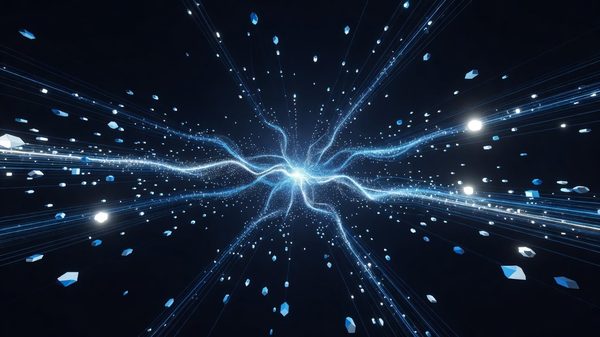 Abstract visualization of interconnected digital advertising nodes and data streams on a dark background with blue light accents