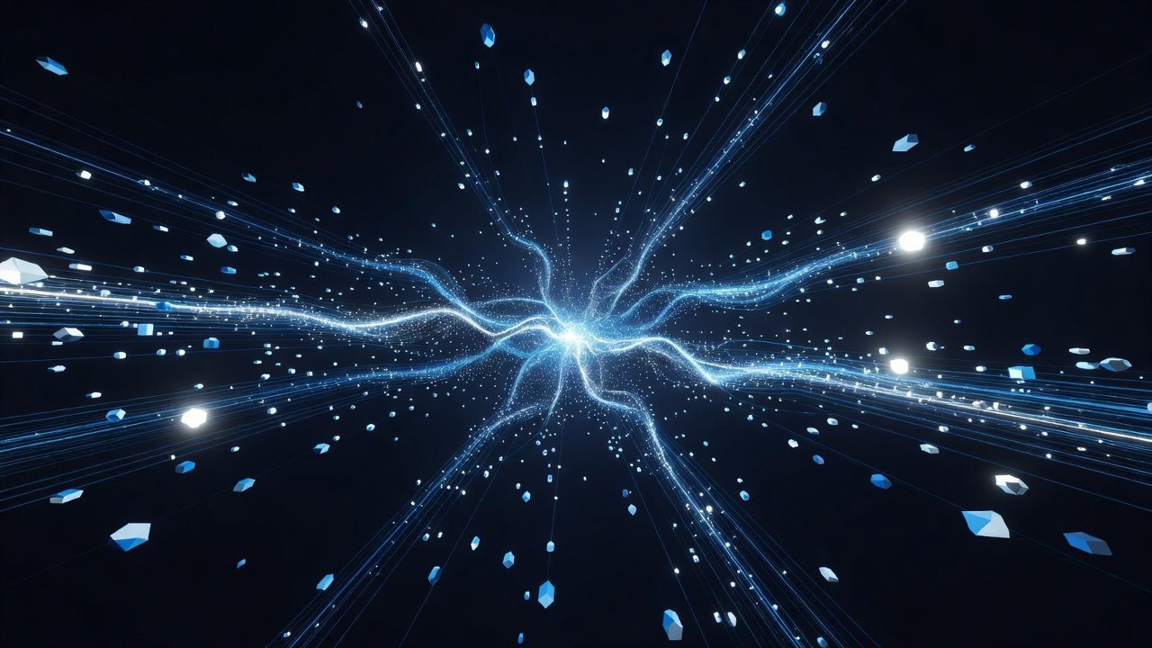 Abstract visualization of interconnected digital advertising nodes and data streams on a dark background with blue light accents